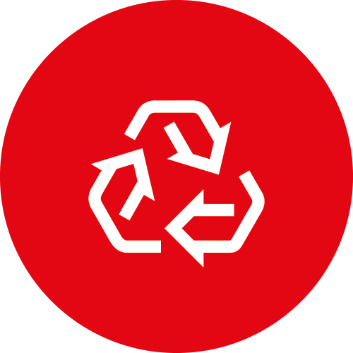 Red circle with a recycling symbol in white.