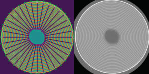 Figure showing Cylindrical cell geometry discretisation example in 2D (approximately 2000 modelling cells). Each finite volume is simulated as an individual Newman model.